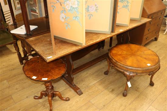 An oak refectory table, with trestle end supports, W.206cm